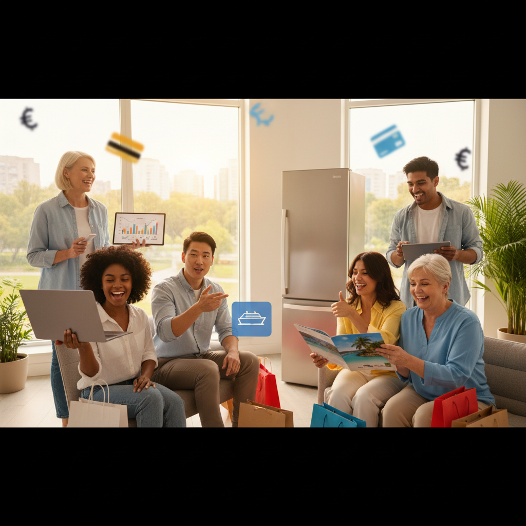 A diverse group of happy people, some smiling, looking at different items like a new laptop, a travel brochure, and a home appliance, indicating various purchases made with financial ease. The scene is bright and optimistic, showcasing financial flexibility.