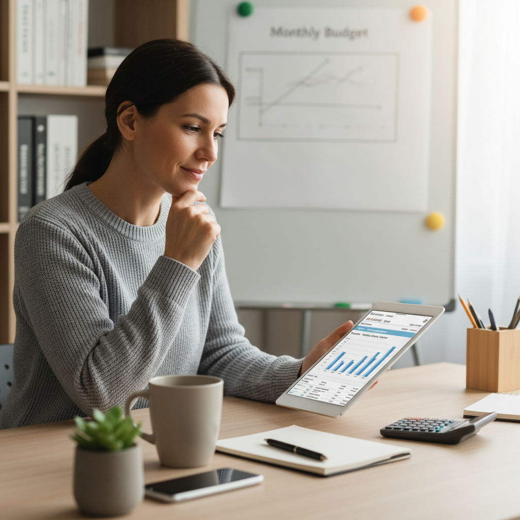 A person sitting at a desk, calmly reviewing a credit card statement on a tablet, with a cup of coffee and a small plant nearby. The atmosphere is organized and responsible, emphasizing financial management and budgeting.