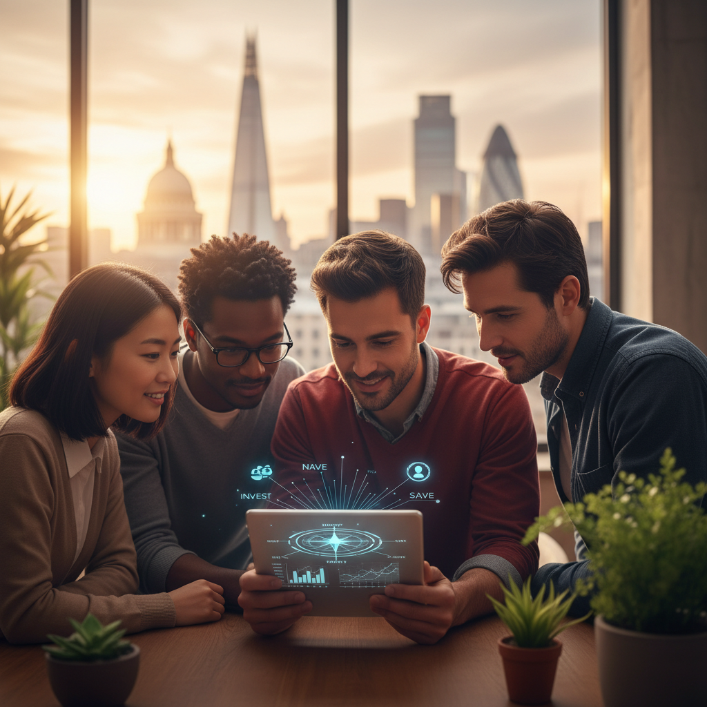 A diverse group of people from various backgrounds, appearing as expats, looking at a digital financial compass on a tablet screen, with London's iconic skyline subtly blurred in the background. The mood is hopeful and informed.