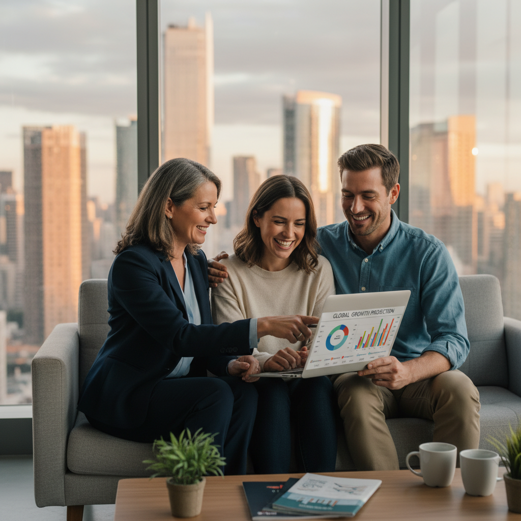 A professional financial advisor, a woman in her late 40s, explaining a financial projection on a laptop screen to a smiling expat couple, sitting comfortably in a modern office with large windows overlooking a city view. The atmosphere is collaborative and reassuring.